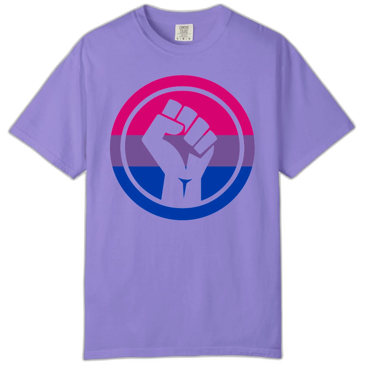 Raised fist silhouette in concentric circles with bisexual pride flag stripes in magenta, purple, and blue in Violet