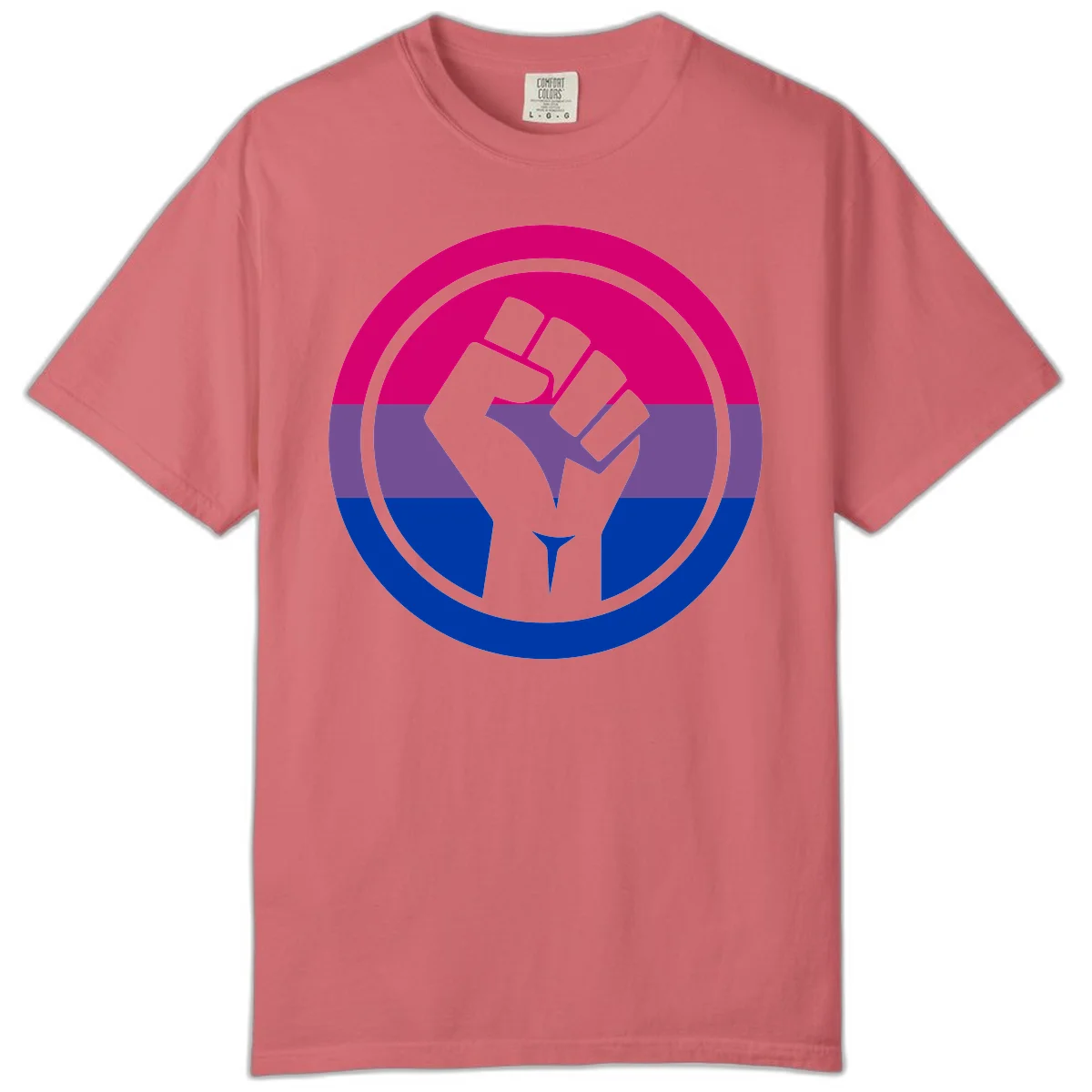 Raised fist silhouette in concentric circles with bisexual pride flag stripes in magenta, purple, and blue in Watermelon
