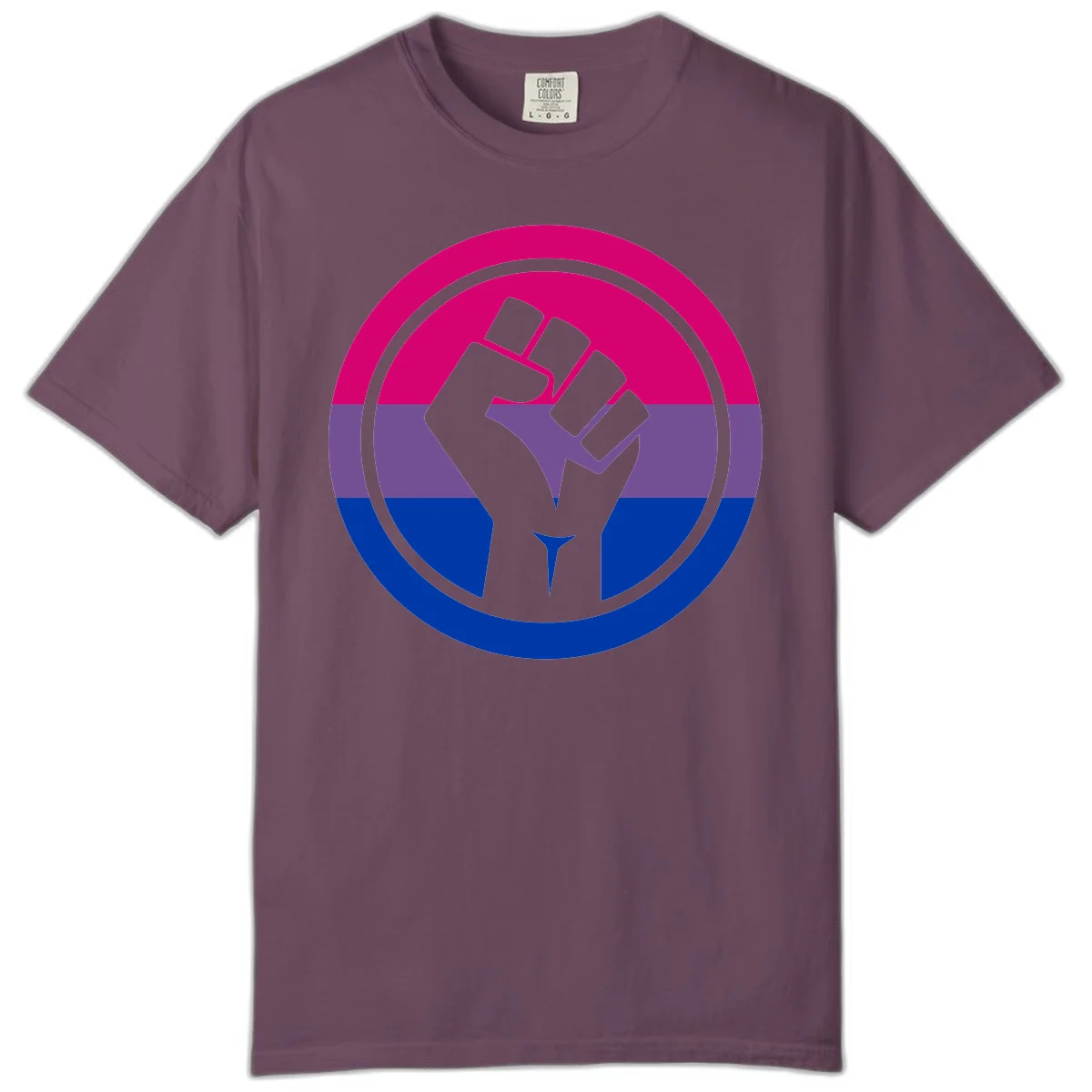 Raised fist silhouette in concentric circles with bisexual pride flag stripes in magenta, purple, and blue in Berry