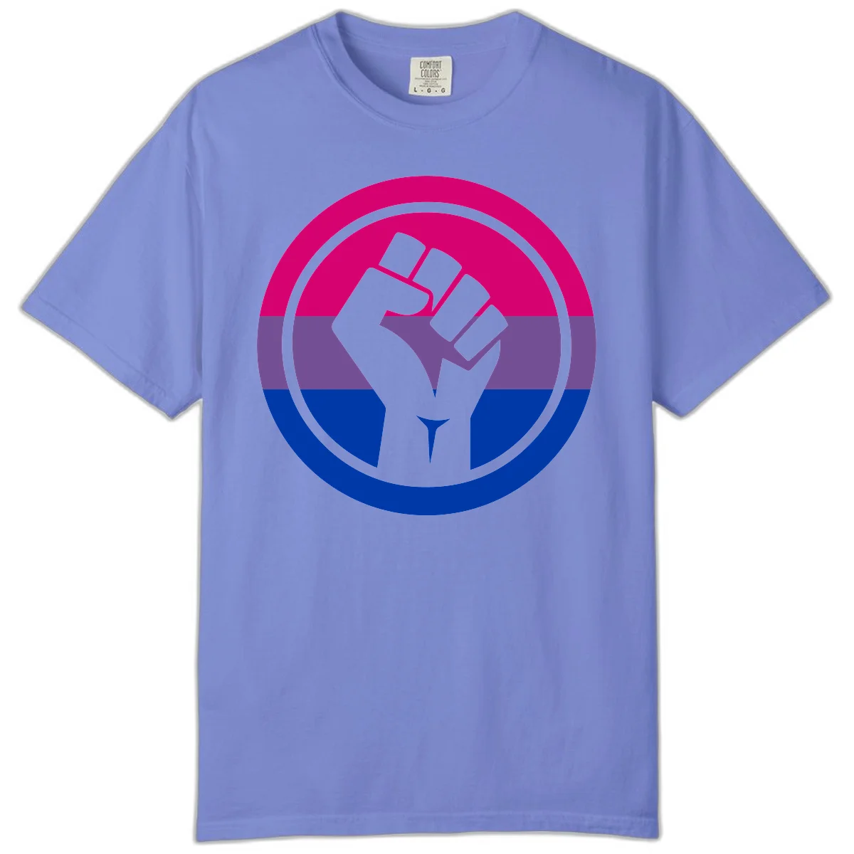 Raised fist silhouette in concentric circles with bisexual pride flag stripes in magenta, purple, and blue in Flo Blue
