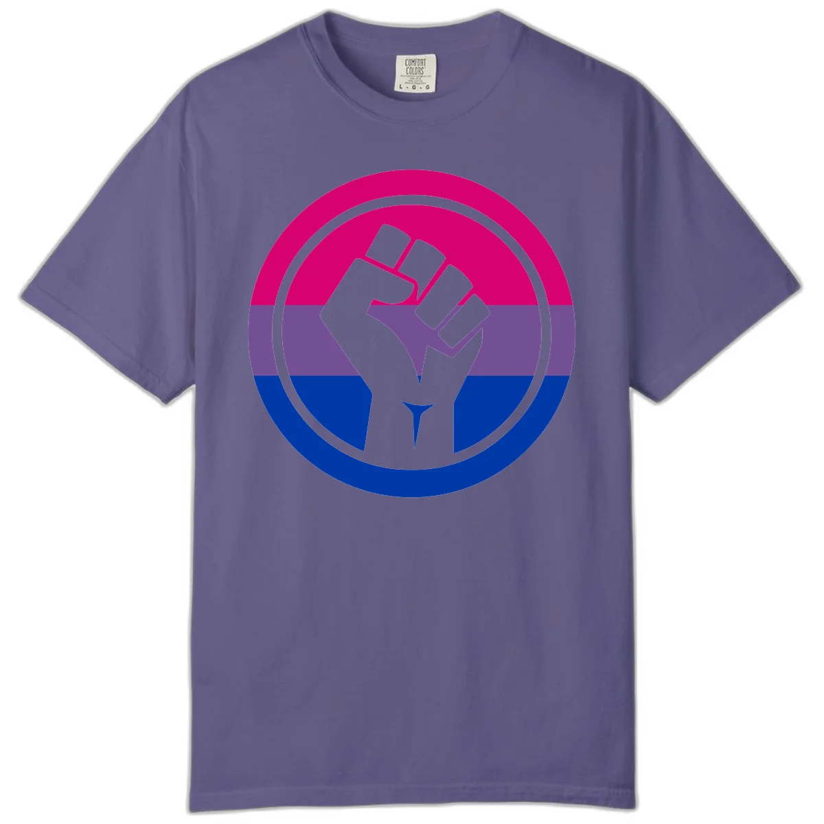 Raised fist silhouette in concentric circles with bisexual pride flag stripes in magenta, purple, and blue in Grape