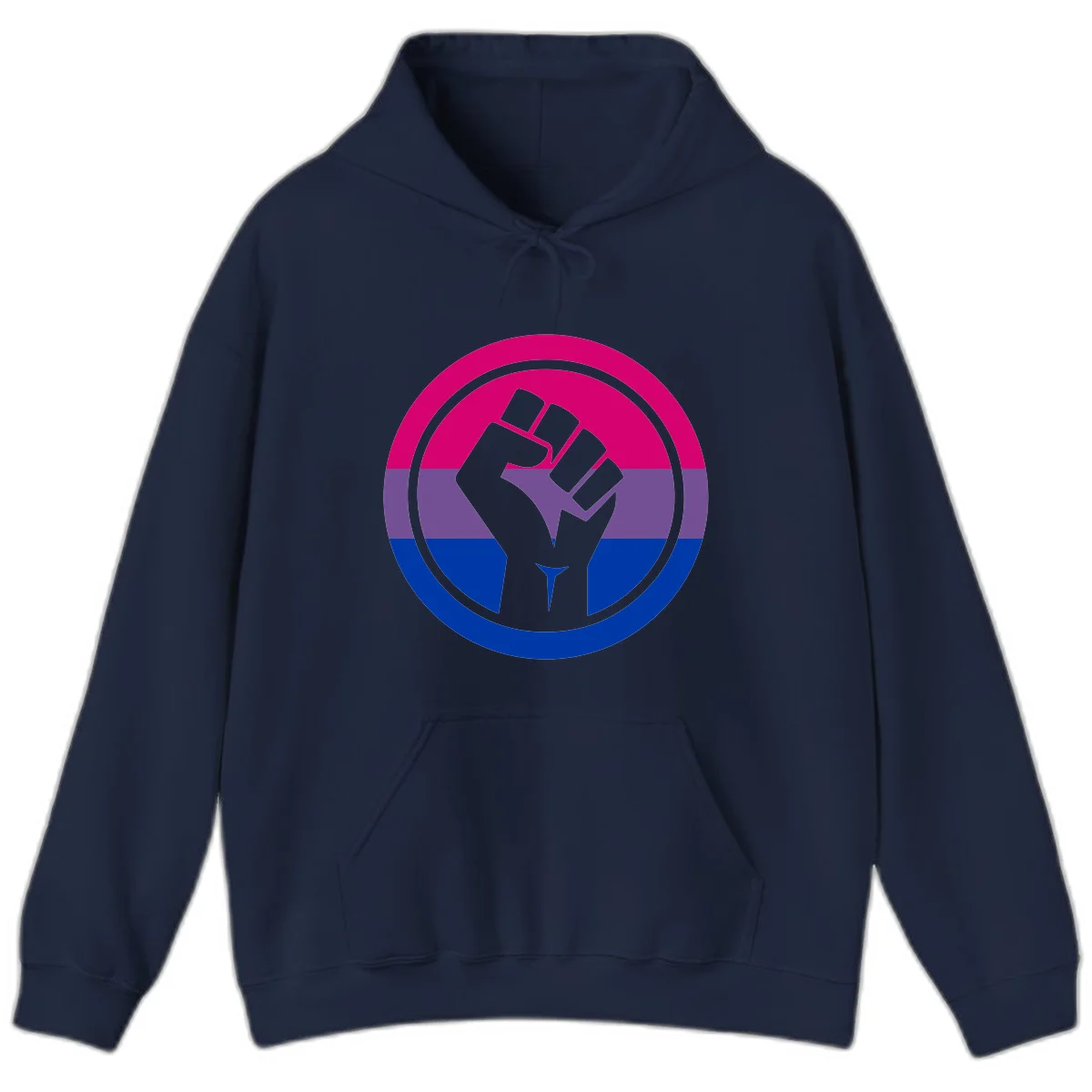 Raised fist silhouette in concentric circles with bisexual pride flag stripes in magenta, purple, and blue in Navy