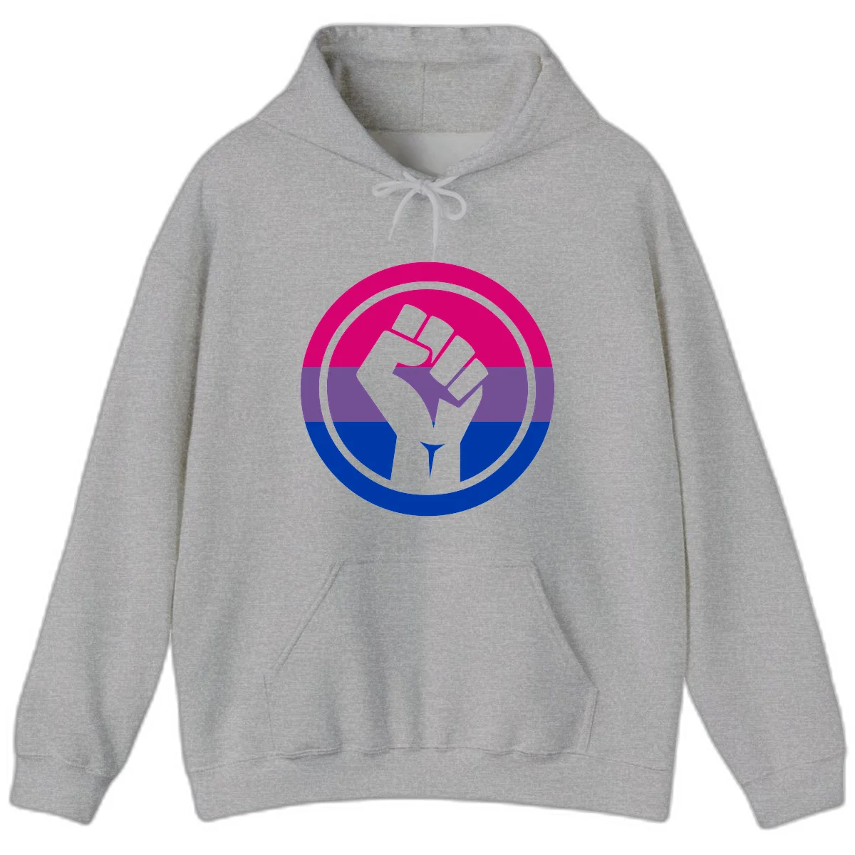 Raised fist silhouette in concentric circles with bisexual pride flag stripes in magenta, purple, and blue in Sport Grey