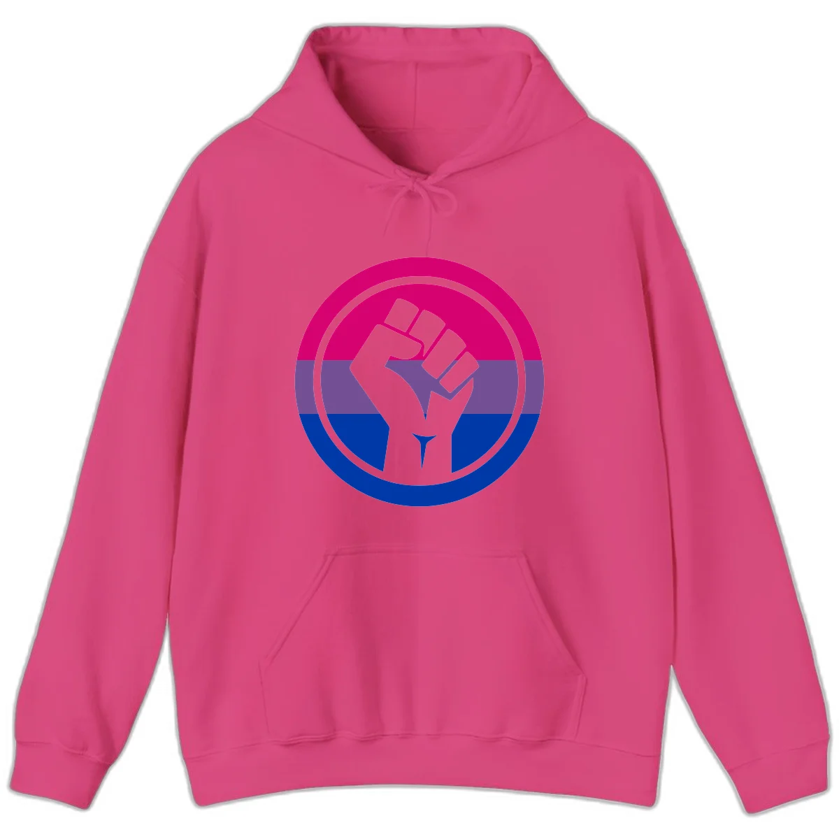 Raised fist silhouette in concentric circles with bisexual pride flag stripes in magenta, purple, and blue in Heliconia