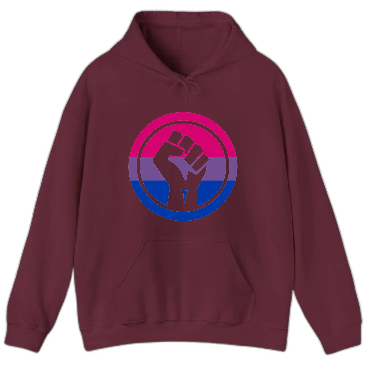 Raised fist silhouette in concentric circles with bisexual pride flag stripes in magenta, purple, and blue in Maroon