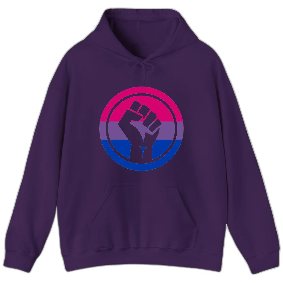Raised fist silhouette in concentric circles with bisexual pride flag stripes in magenta, purple, and blue in Purple