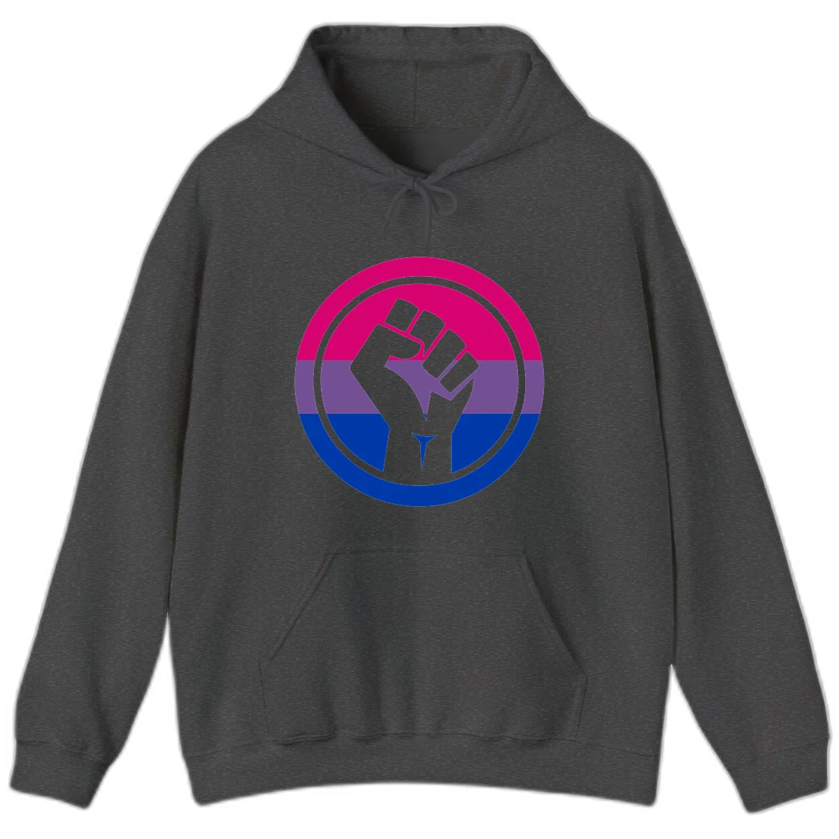 Raised fist silhouette in concentric circles with bisexual pride flag stripes in magenta, purple, and blue in Dark Heather