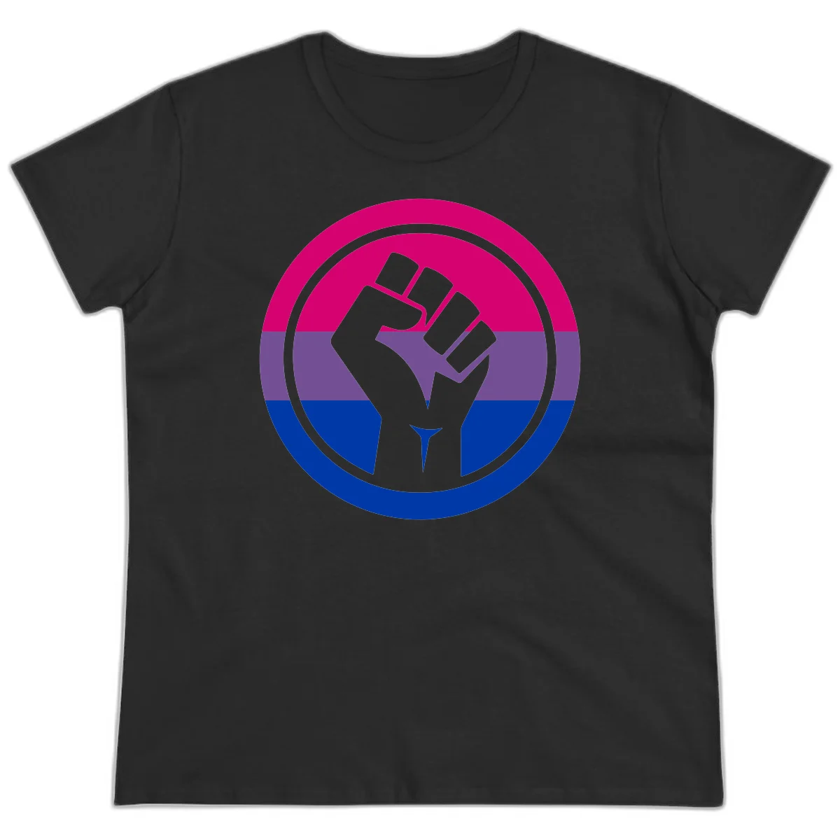 Raised fist silhouette in concentric circles with bisexual pride flag stripes in magenta, purple, and blue in Black