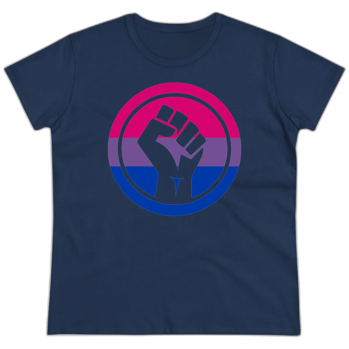 Raised fist silhouette in concentric circles with bisexual pride flag stripes in magenta, purple, and blue in Navy