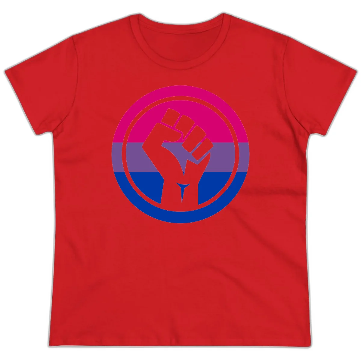 Raised fist silhouette in concentric circles with bisexual pride flag stripes in magenta, purple, and blue in Red