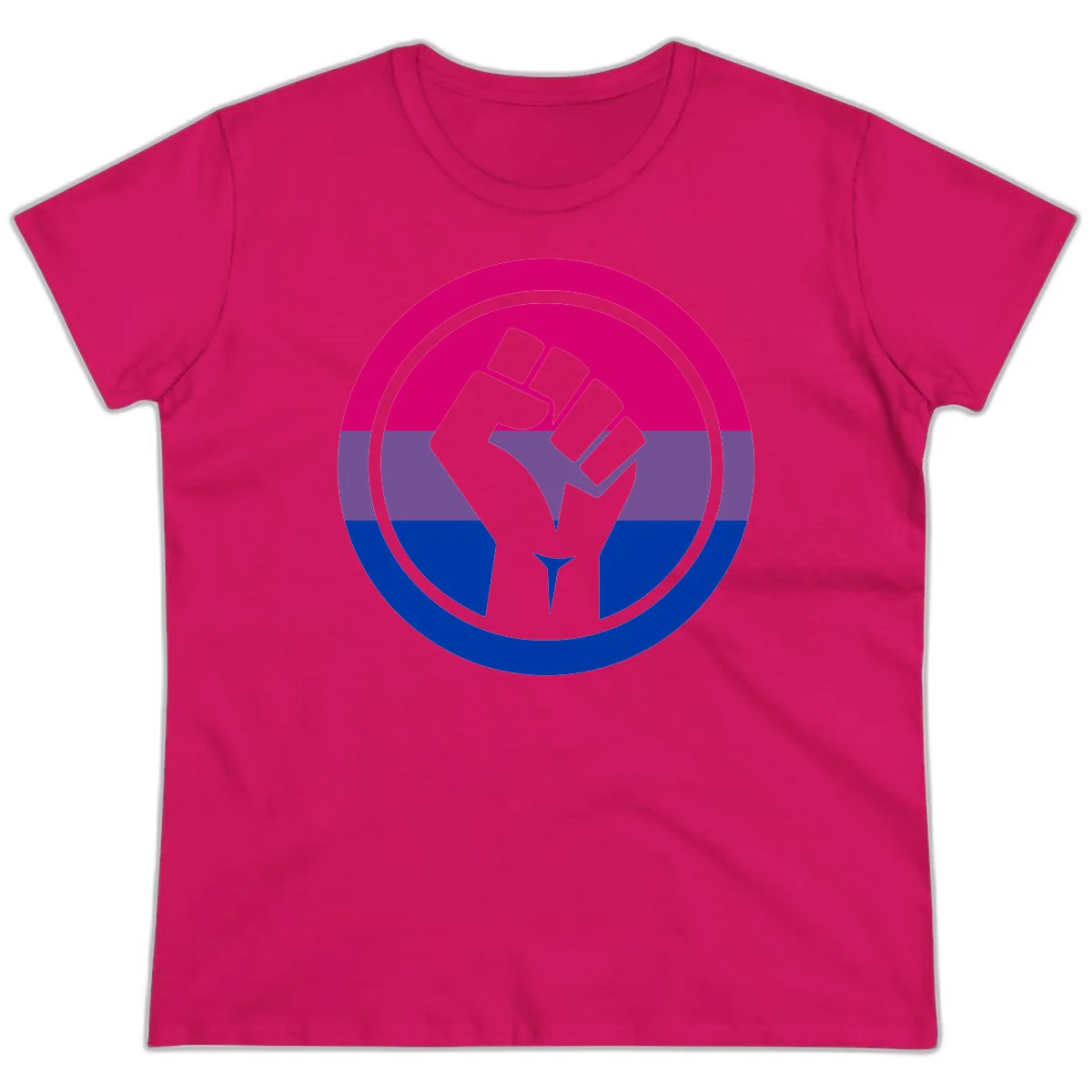 Raised fist silhouette in concentric circles with bisexual pride flag stripes in magenta, purple, and blue in Heliconia