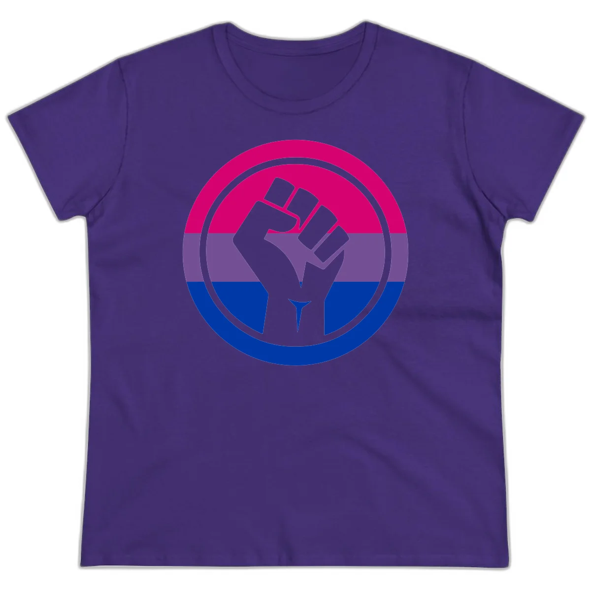 Raised fist silhouette in concentric circles with bisexual pride flag stripes in magenta, purple, and blue in Purple