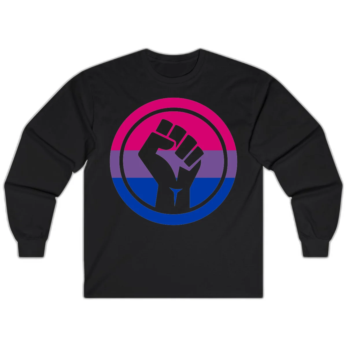 Raised fist silhouette in concentric circles with bisexual pride flag stripes in magenta, purple, and blue in Black