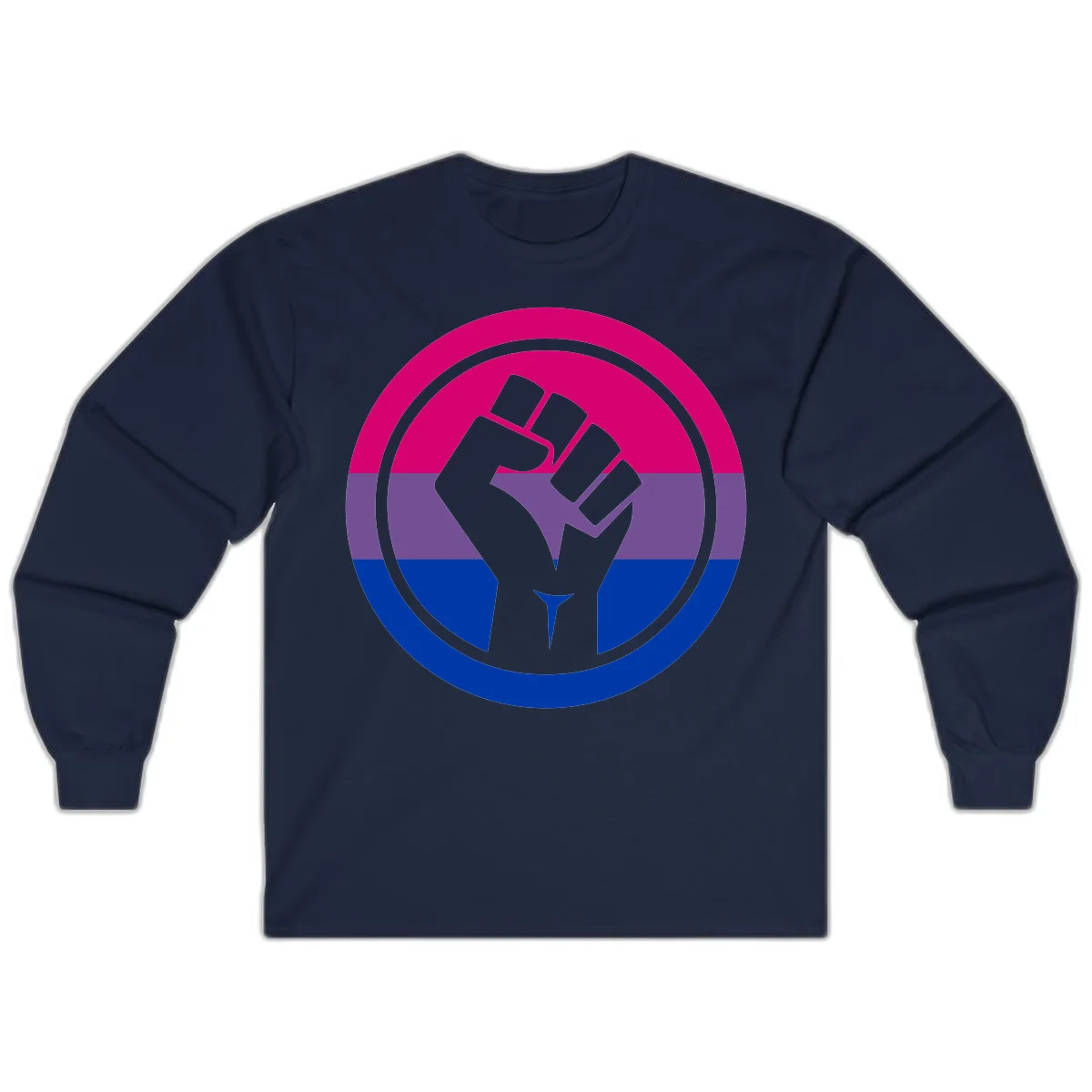 Raised fist silhouette in concentric circles with bisexual pride flag stripes in magenta, purple, and blue in Navy