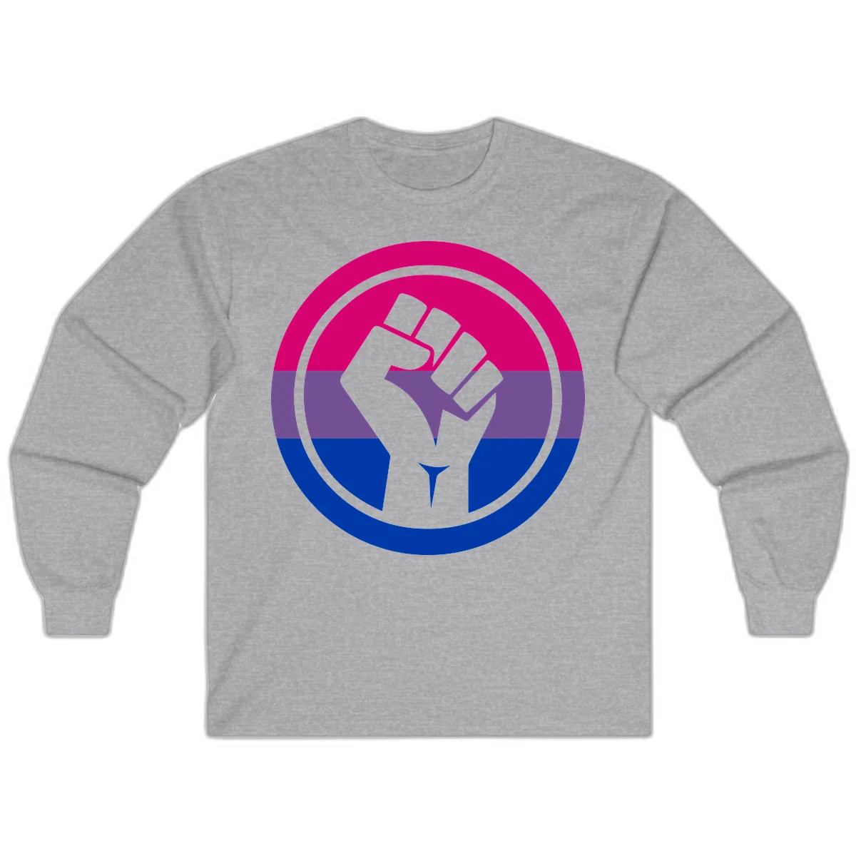 Raised fist silhouette in concentric circles with bisexual pride flag stripes in magenta, purple, and blue in Sport Grey