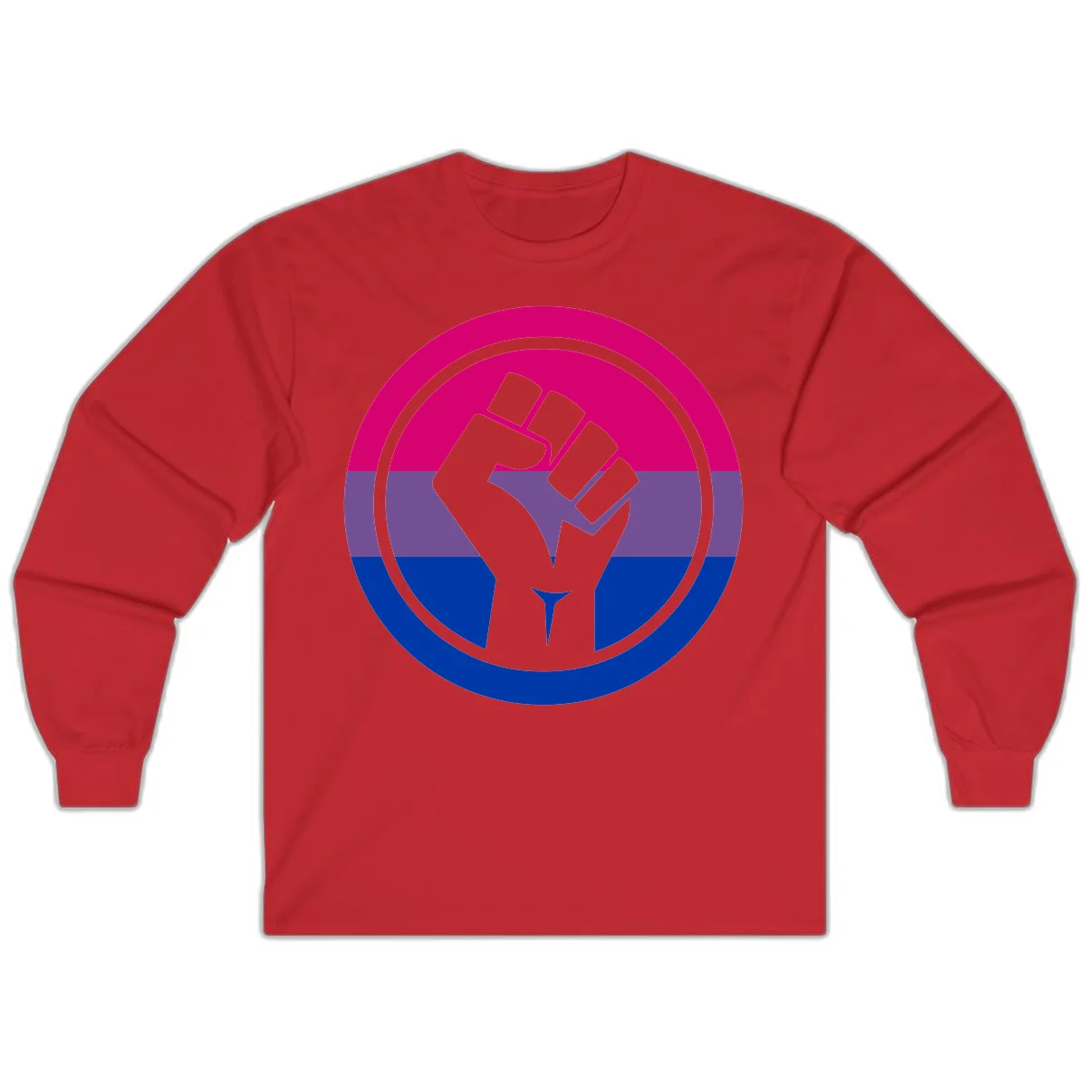 Raised fist silhouette in concentric circles with bisexual pride flag stripes in magenta, purple, and blue in Red
