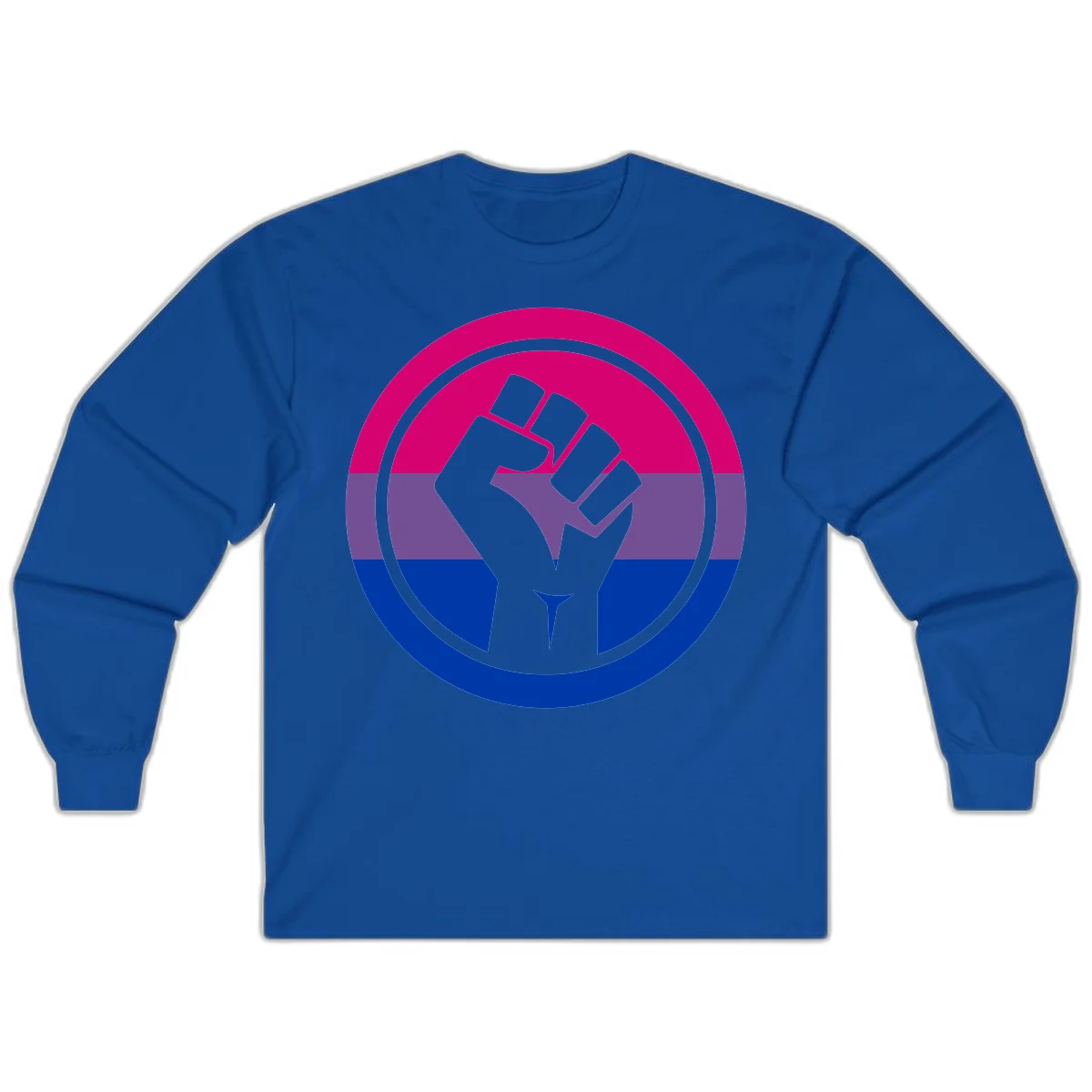 Raised fist silhouette in concentric circles with bisexual pride flag stripes in magenta, purple, and blue in Royal