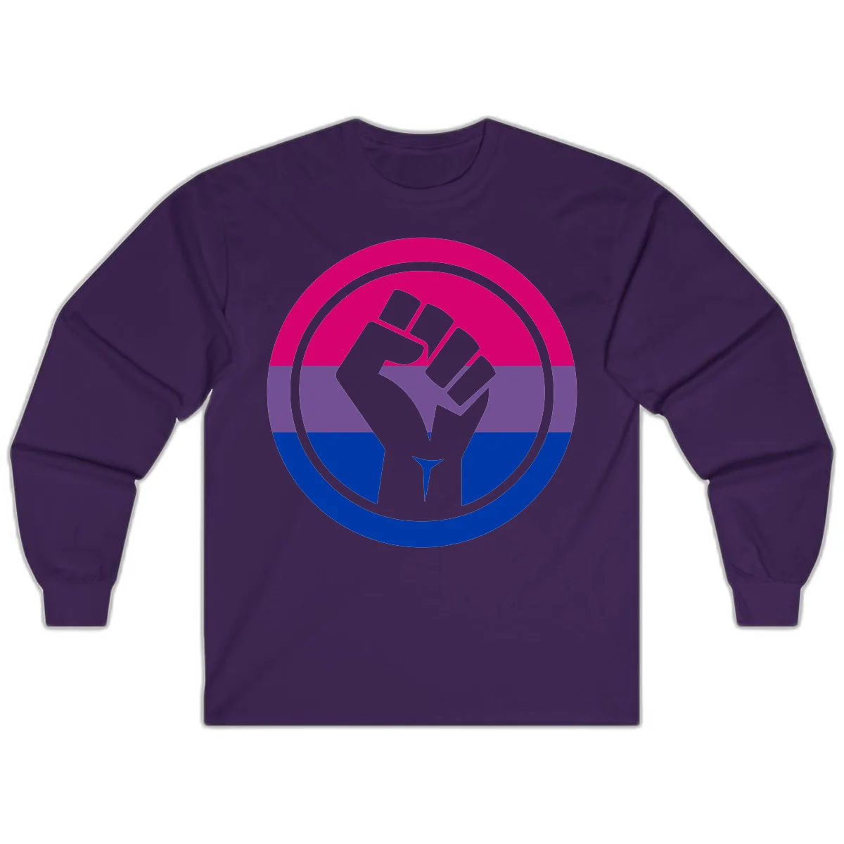 Raised fist silhouette in concentric circles with bisexual pride flag stripes in magenta, purple, and blue in Purple