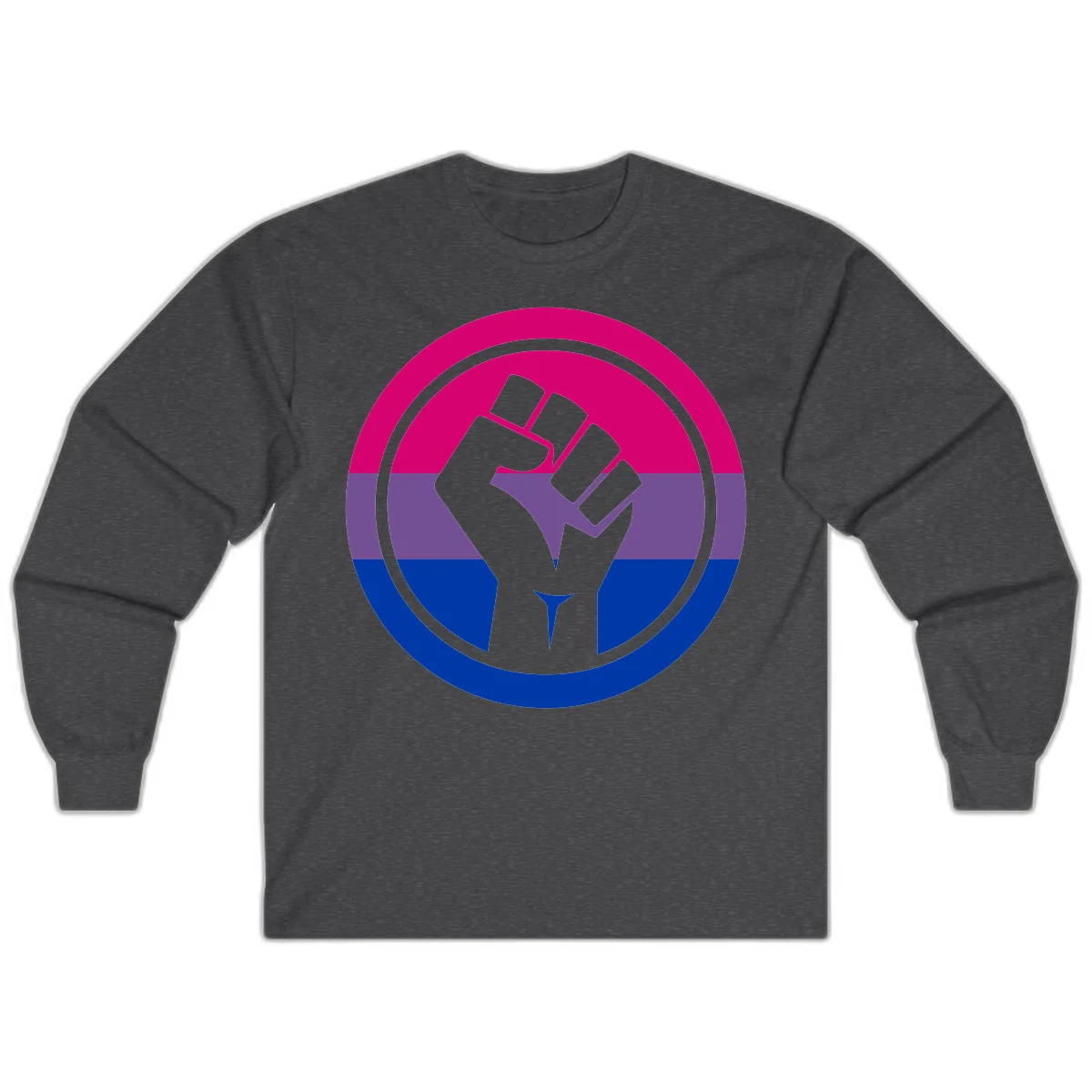Raised fist silhouette in concentric circles with bisexual pride flag stripes in magenta, purple, and blue in Dark Heather