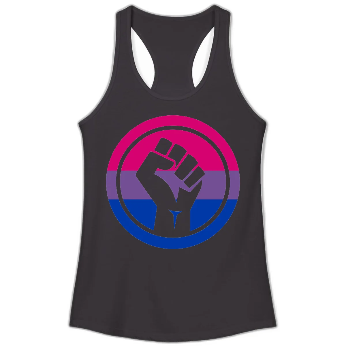 Raised fist silhouette in concentric circles with bisexual pride flag stripes in magenta, purple, and blue in Black