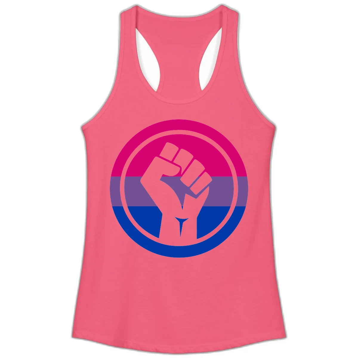 Raised fist silhouette in concentric circles with bisexual pride flag stripes in magenta, purple, and blue in Hot Pink