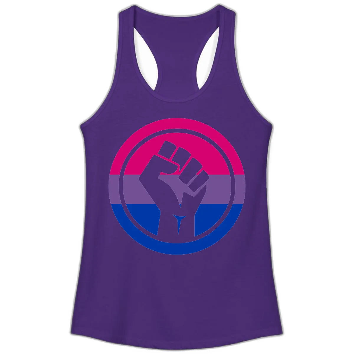 Raised fist silhouette in concentric circles with bisexual pride flag stripes in magenta, purple, and blue in Solid Purple Rush