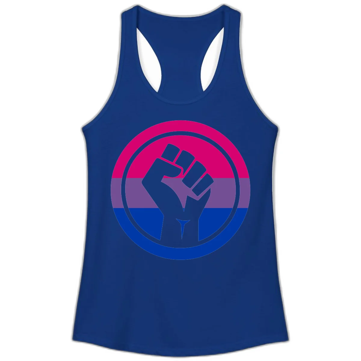 Raised fist silhouette in concentric circles with bisexual pride flag stripes in magenta, purple, and blue in Solid Royal