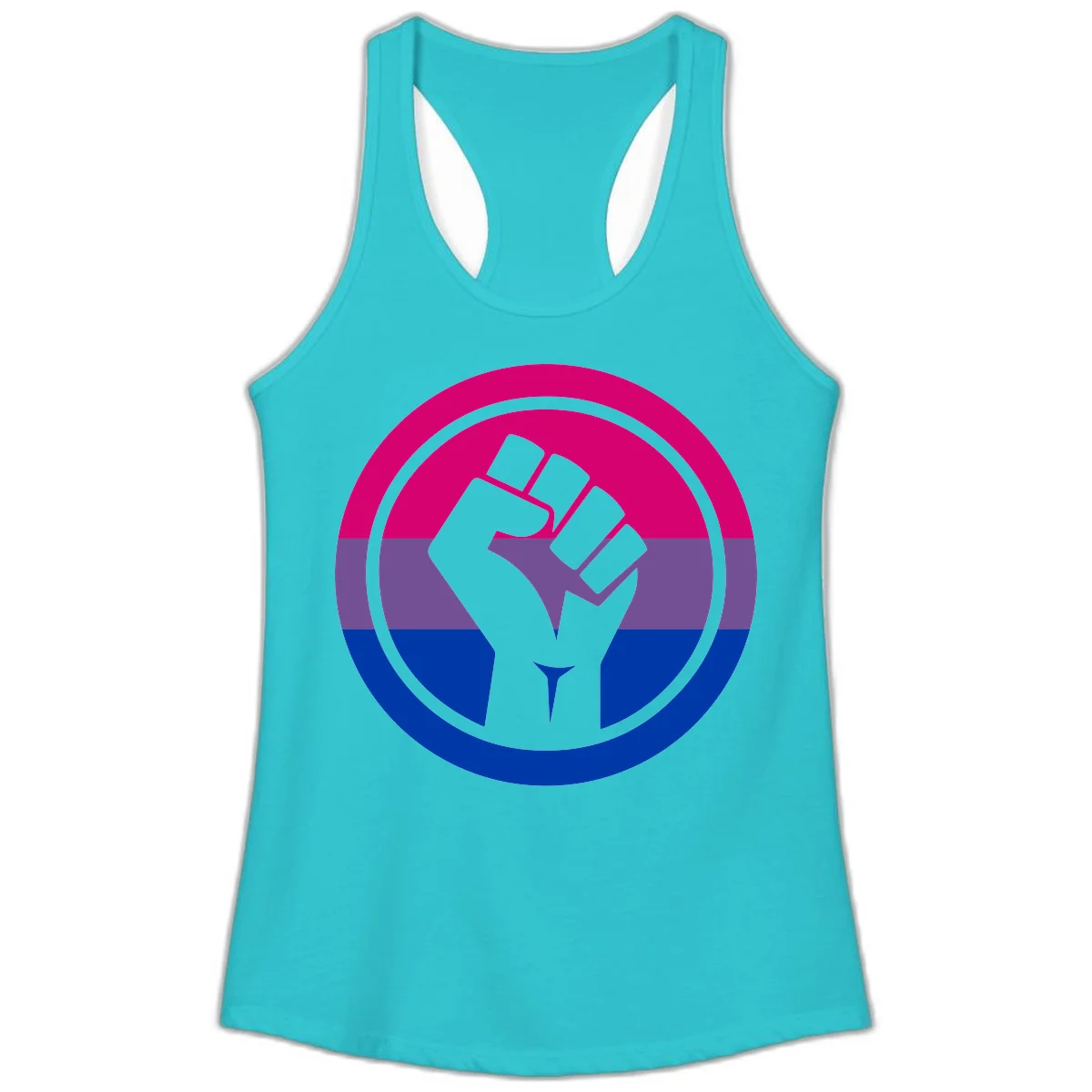 Raised fist silhouette in concentric circles with bisexual pride flag stripes in magenta, purple, and blue in Solid Tahiti Blue