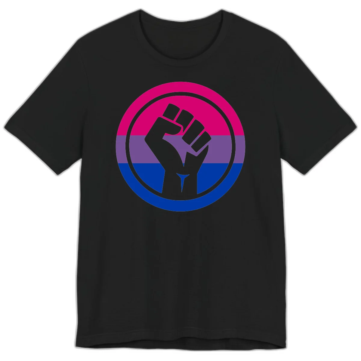 Raised fist silhouette in concentric circles with bisexual pride flag stripes in magenta, purple, and blue in Black
