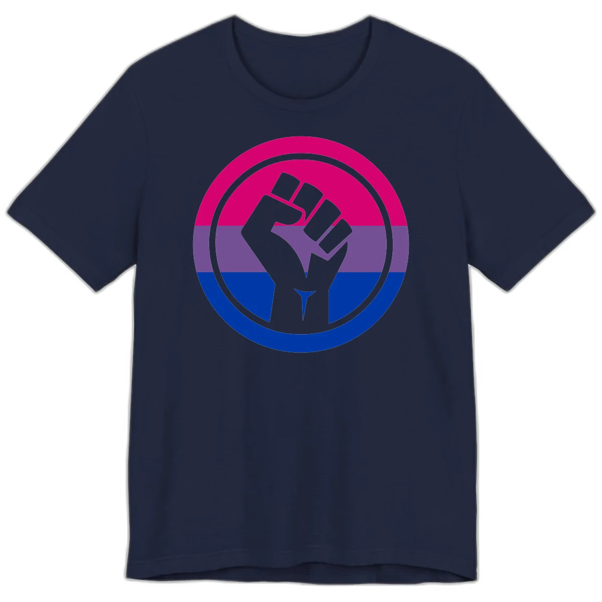 Raised fist silhouette in concentric circles with bisexual pride flag stripes in magenta, purple, and blue in Navy
