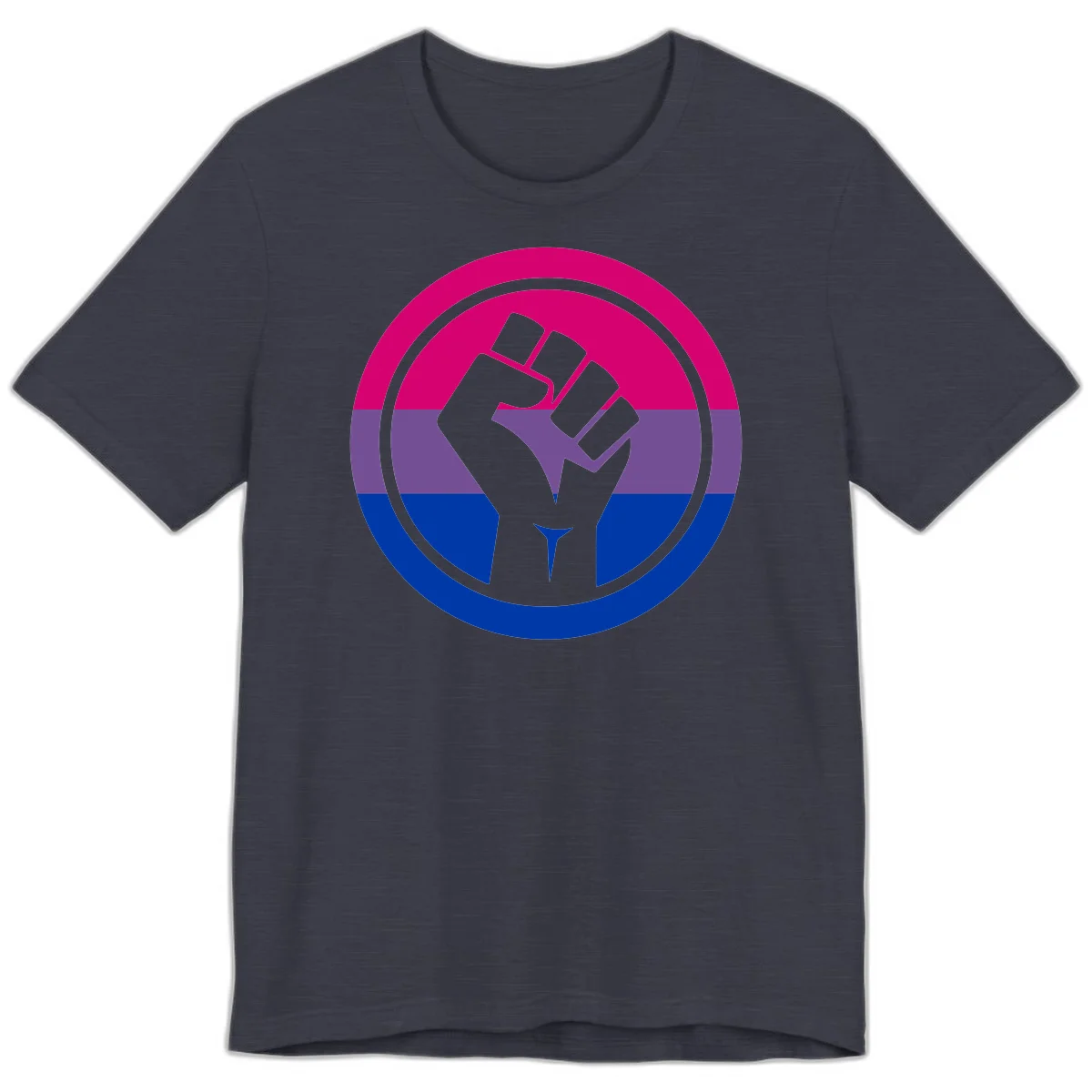 Raised fist silhouette in concentric circles with bisexual pride flag stripes in magenta, purple, and blue in Heather Midnight Navy
