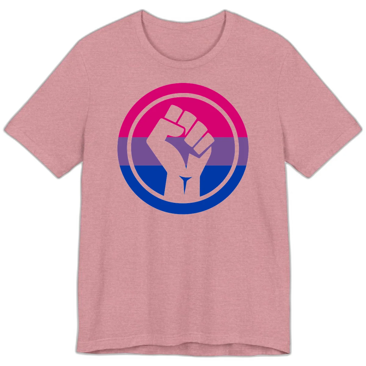 Raised fist silhouette in concentric circles with bisexual pride flag stripes in magenta, purple, and blue in Heather Orchid