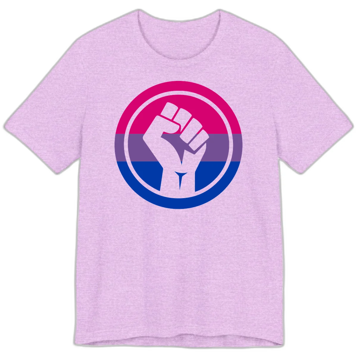 Raised fist silhouette in concentric circles with bisexual pride flag stripes in magenta, purple, and blue in Heather Prism Lilac