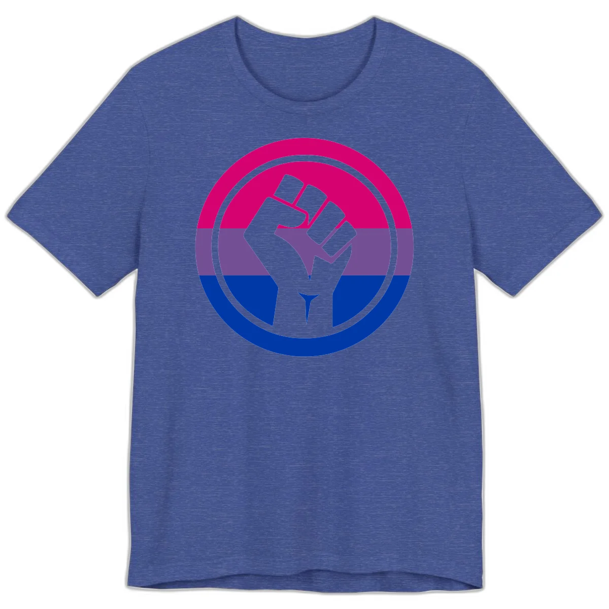Raised fist silhouette in concentric circles with bisexual pride flag stripes in magenta, purple, and blue in Heather True Royal