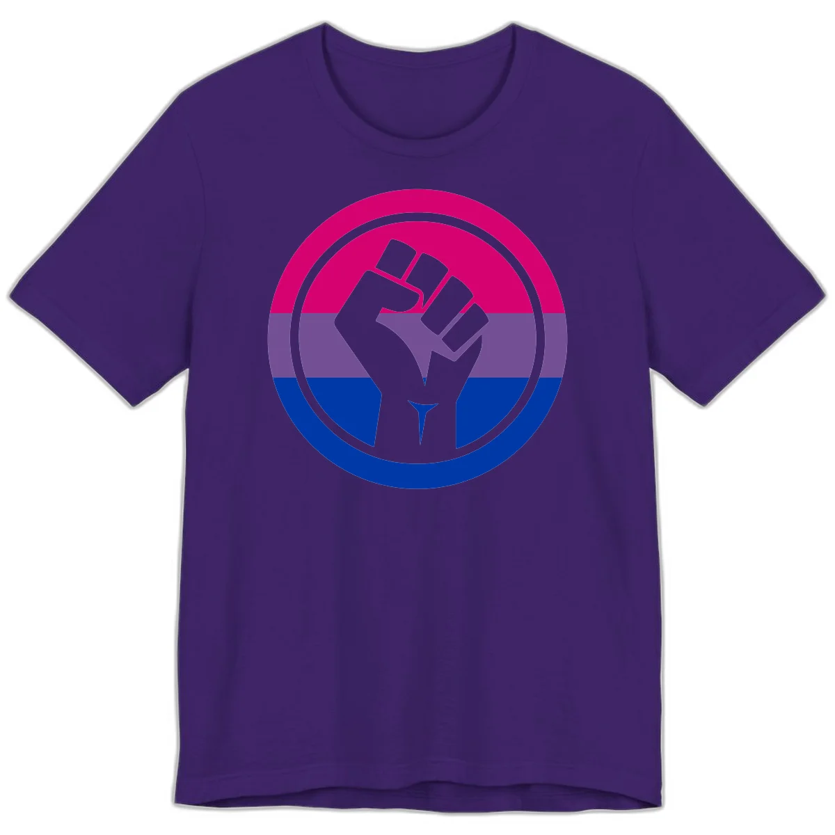 Raised fist silhouette in concentric circles with bisexual pride flag stripes in magenta, purple, and blue in Team Purple