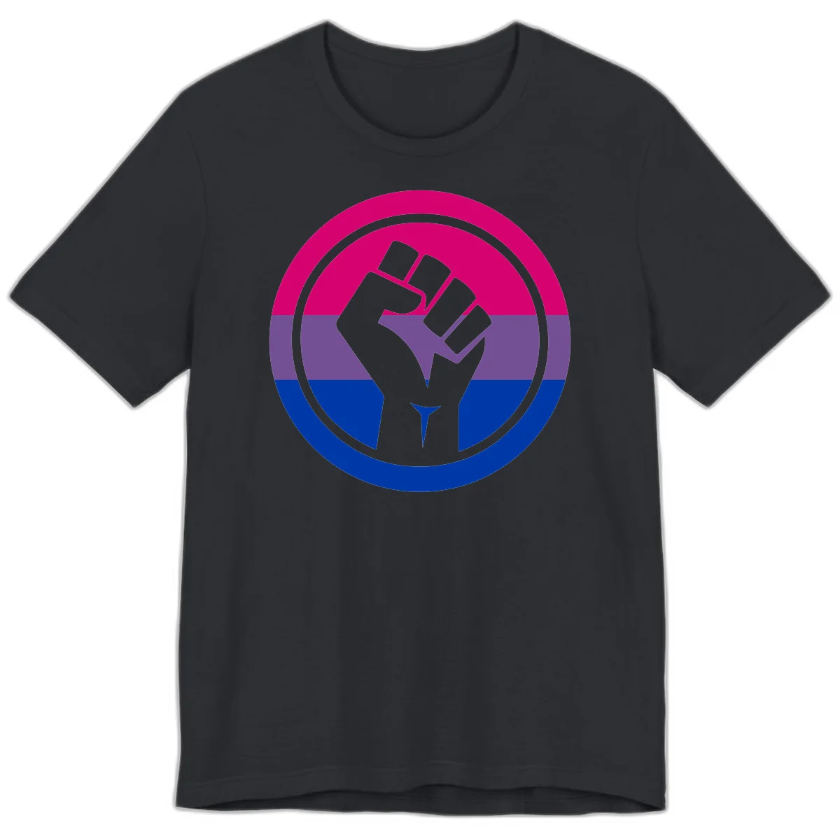 Raised fist silhouette in concentric circles with bisexual pride flag stripes in magenta, purple, and blue in Vintage Black