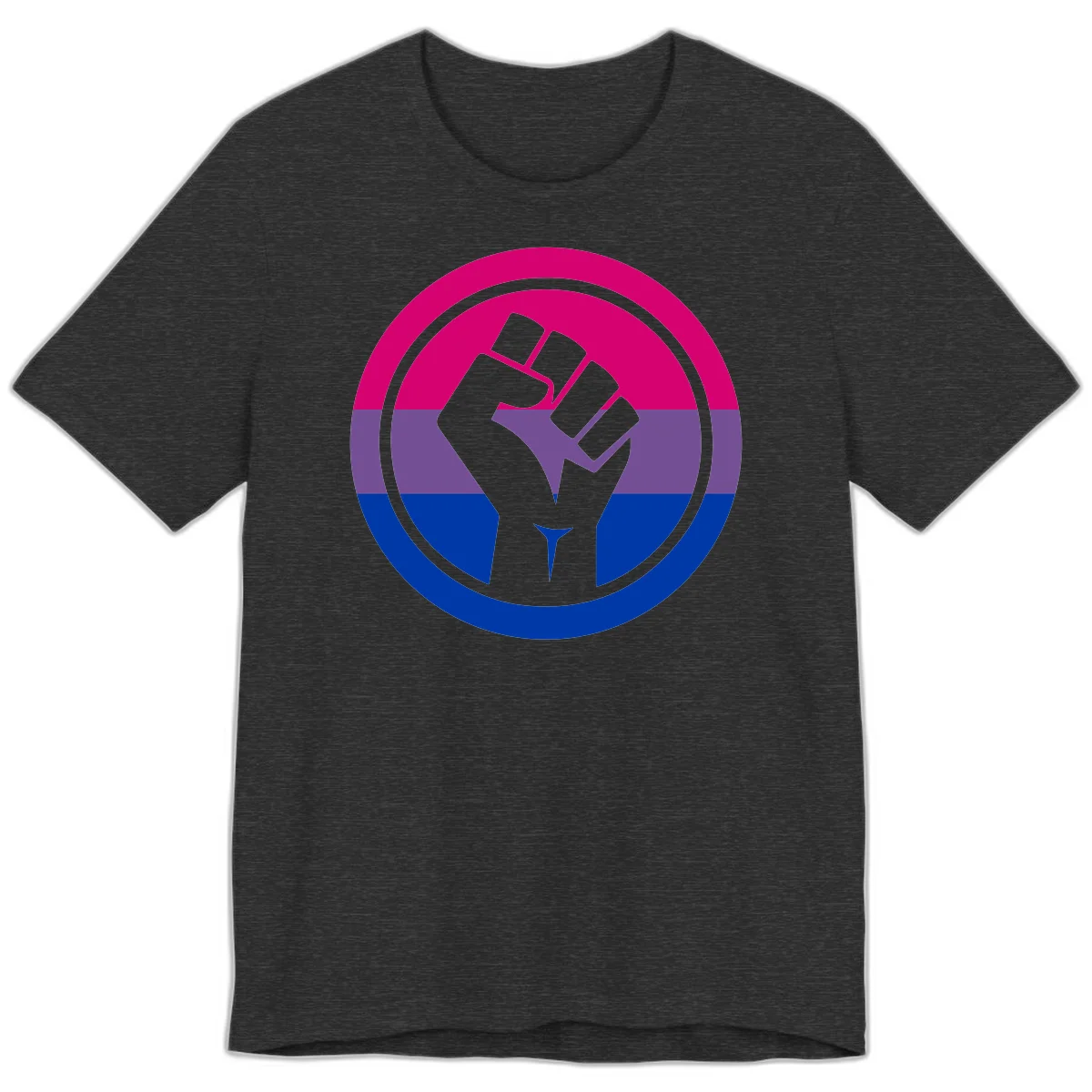 Raised fist silhouette in concentric circles with bisexual pride flag stripes in magenta, purple, and blue in Dark Grey Heather