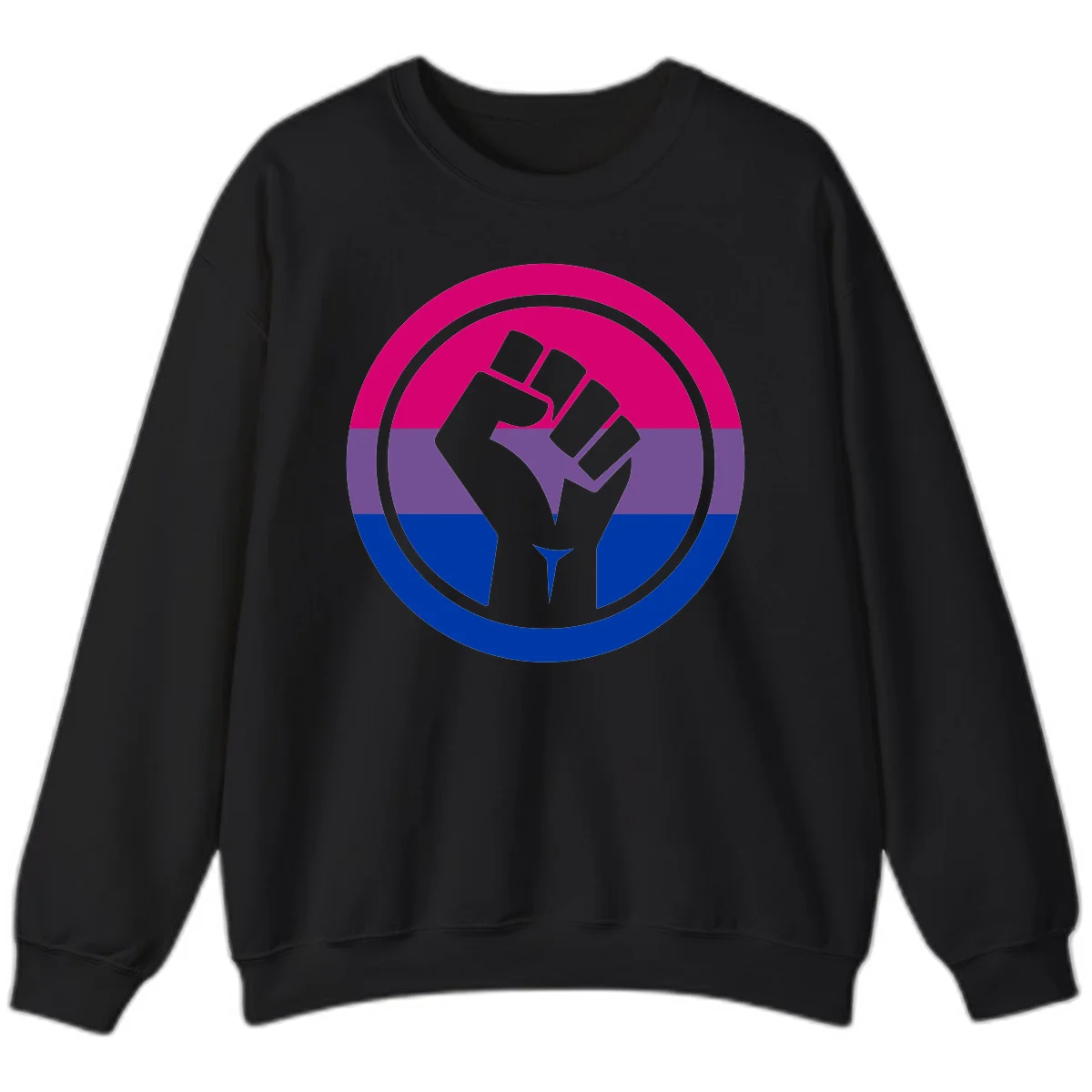 Raised fist silhouette in concentric circles with bisexual pride flag stripes in magenta, purple, and blue in Black