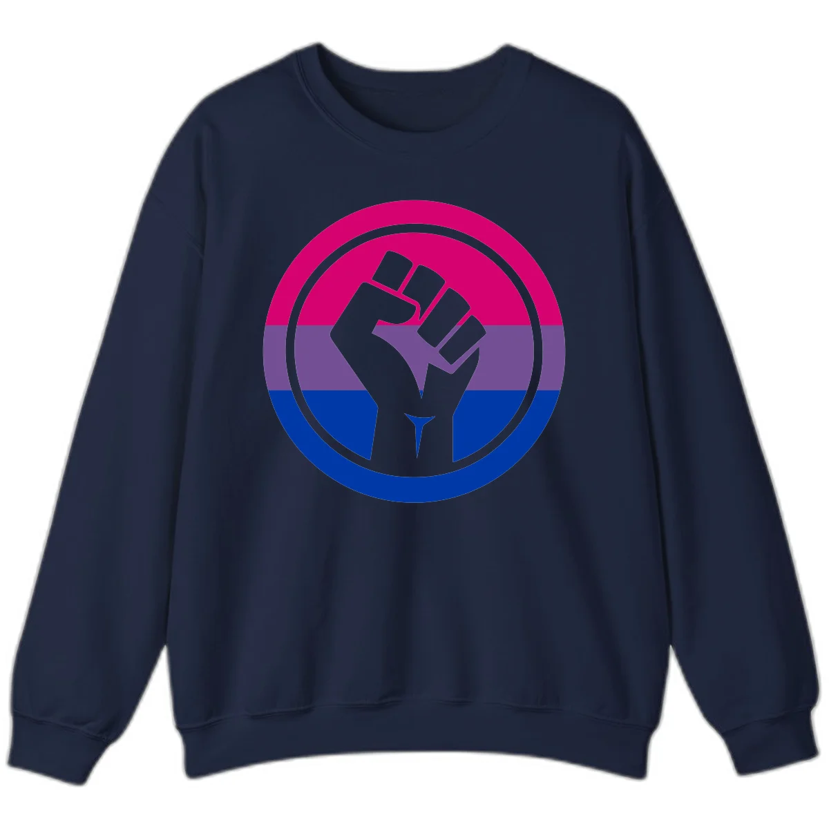 Raised fist silhouette in concentric circles with bisexual pride flag stripes in magenta, purple, and blue in Navy
