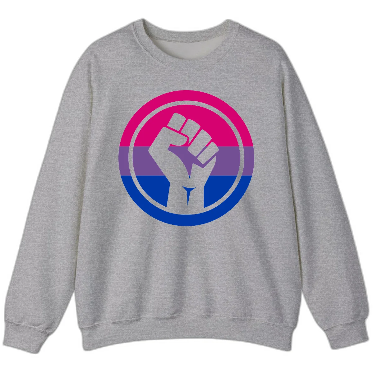 Raised fist silhouette in concentric circles with bisexual pride flag stripes in magenta, purple, and blue in Sport Grey