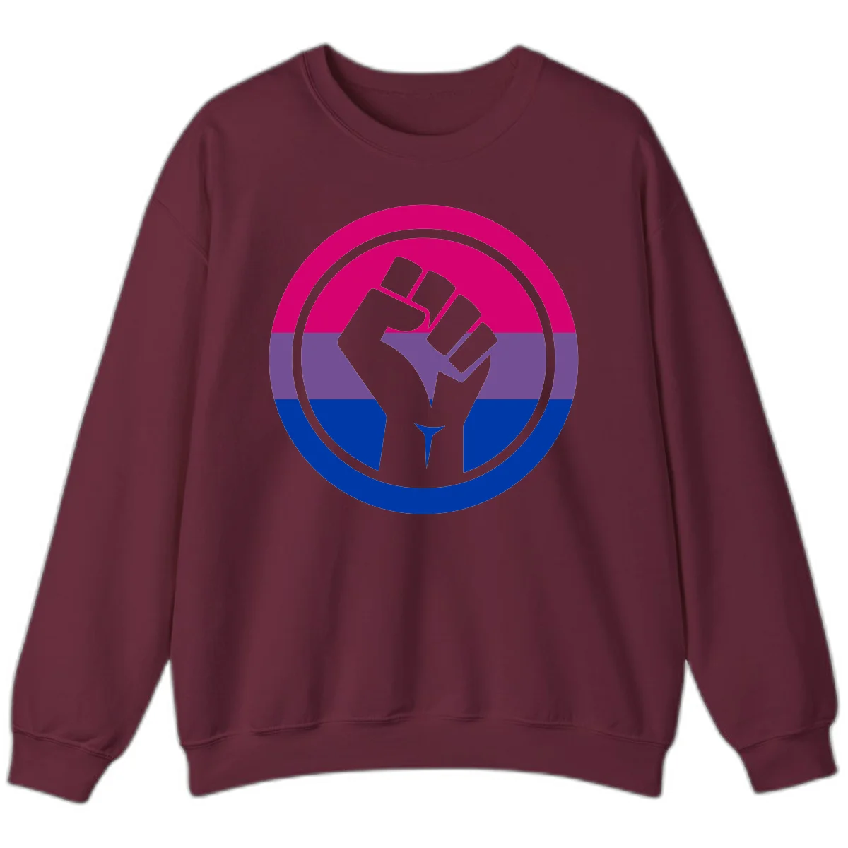 Raised fist silhouette in concentric circles with bisexual pride flag stripes in magenta, purple, and blue in Maroon