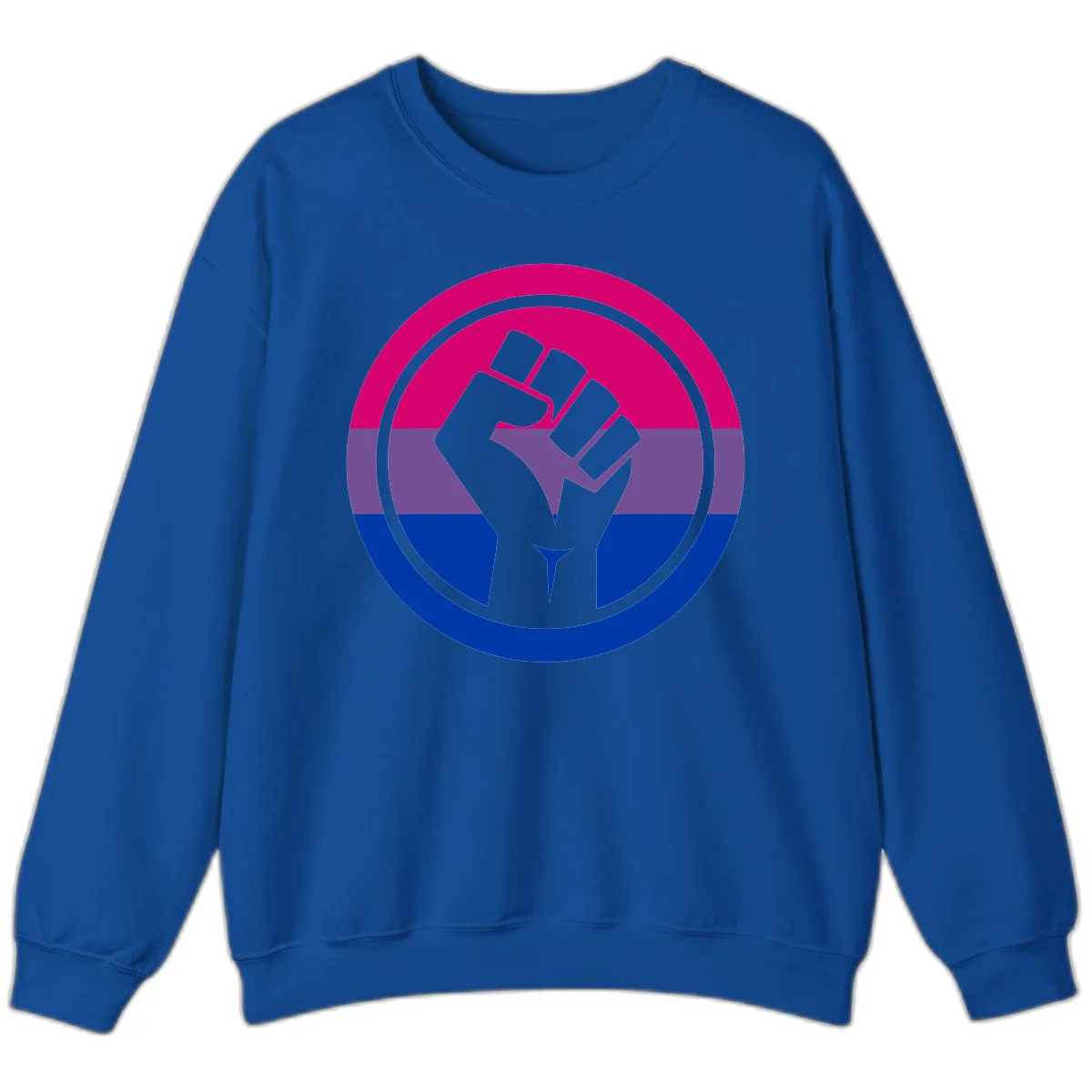 Raised fist silhouette in concentric circles with bisexual pride flag stripes in magenta, purple, and blue in Royal