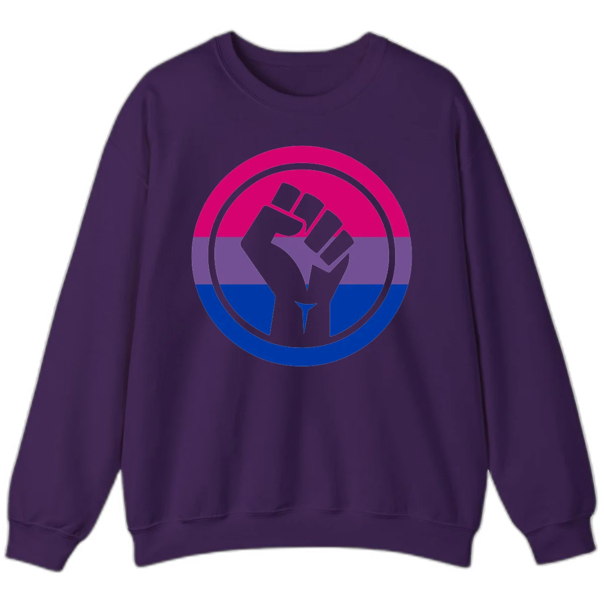 Raised fist silhouette in concentric circles with bisexual pride flag stripes in magenta, purple, and blue in Purple
