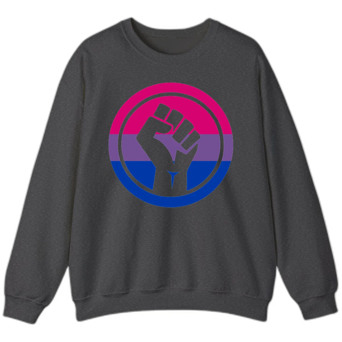 Raised fist silhouette in concentric circles with bisexual pride flag stripes in magenta, purple, and blue in Dark Heather
