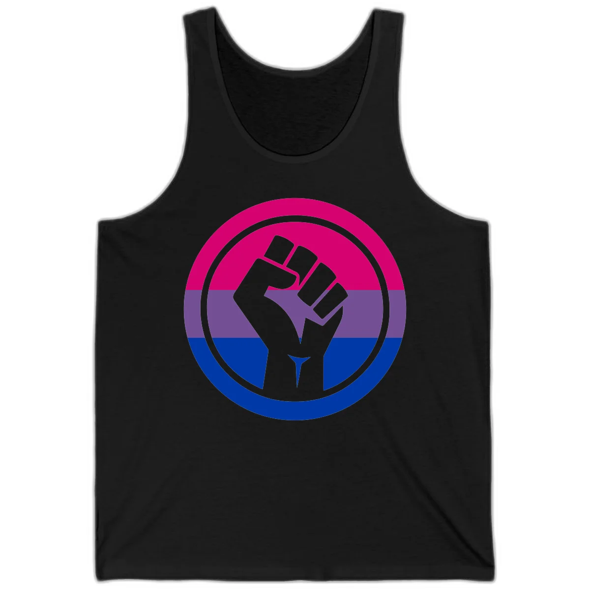Raised fist silhouette in concentric circles with bisexual pride flag stripes in magenta, purple, and blue in Black