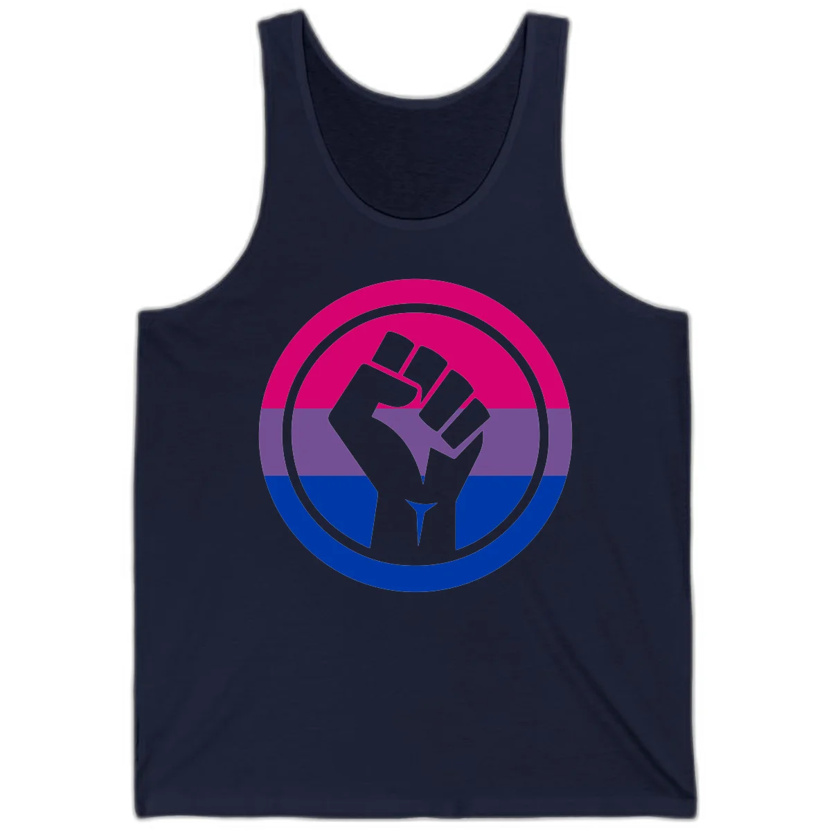 Raised fist silhouette in concentric circles with bisexual pride flag stripes in magenta, purple, and blue in Navy