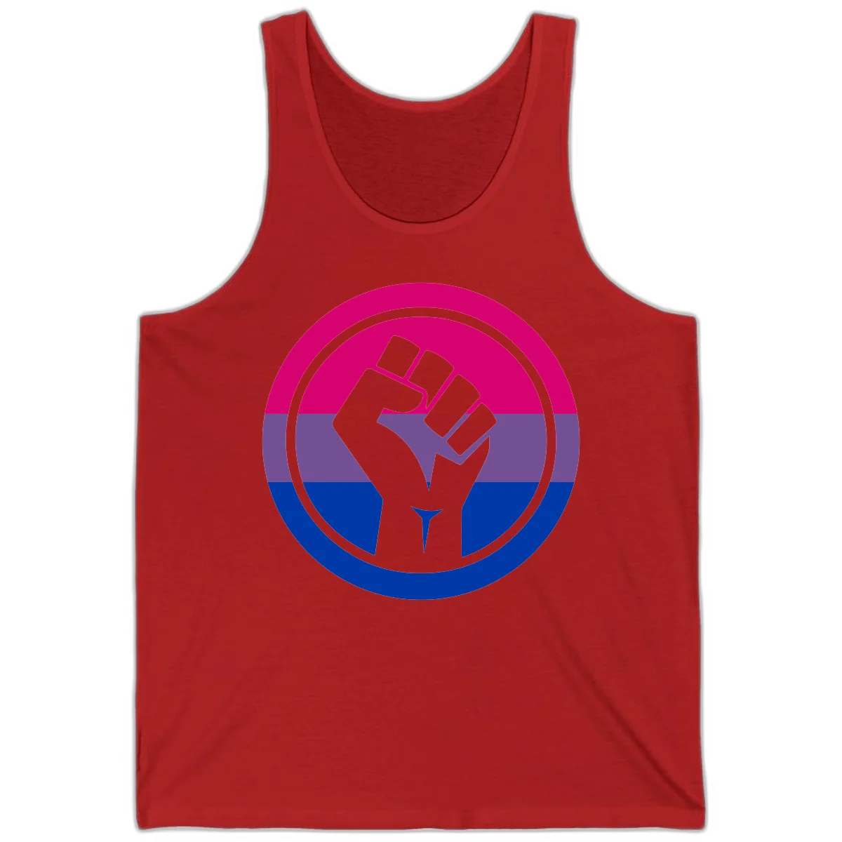 Raised fist silhouette in concentric circles with bisexual pride flag stripes in magenta, purple, and blue in Red