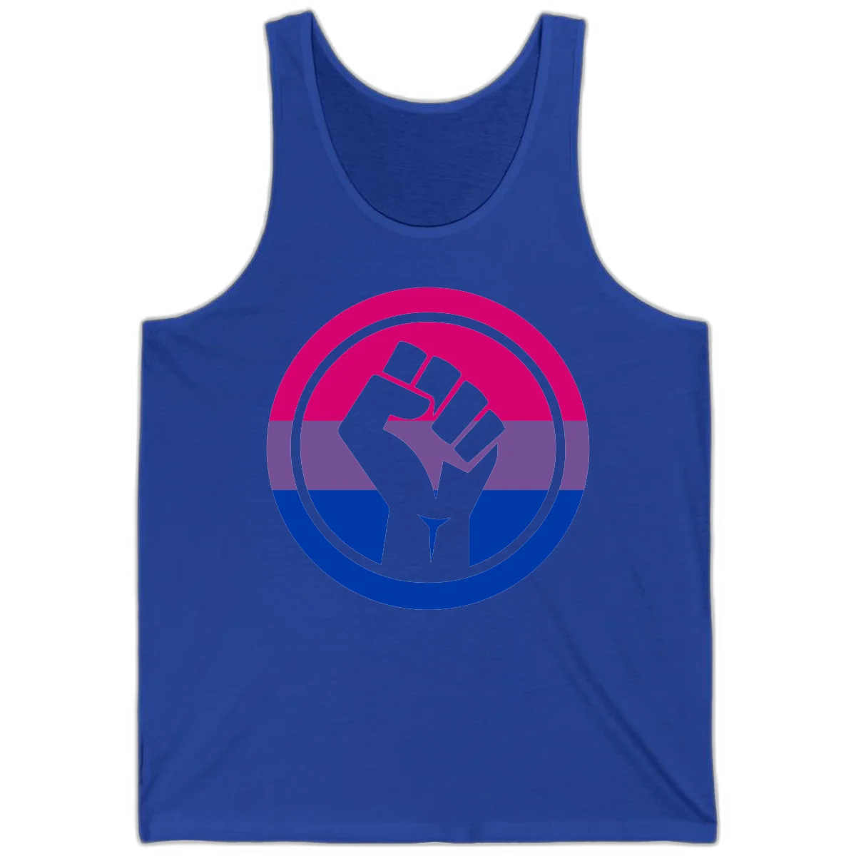 Raised fist silhouette in concentric circles with bisexual pride flag stripes in magenta, purple, and blue in True Royal