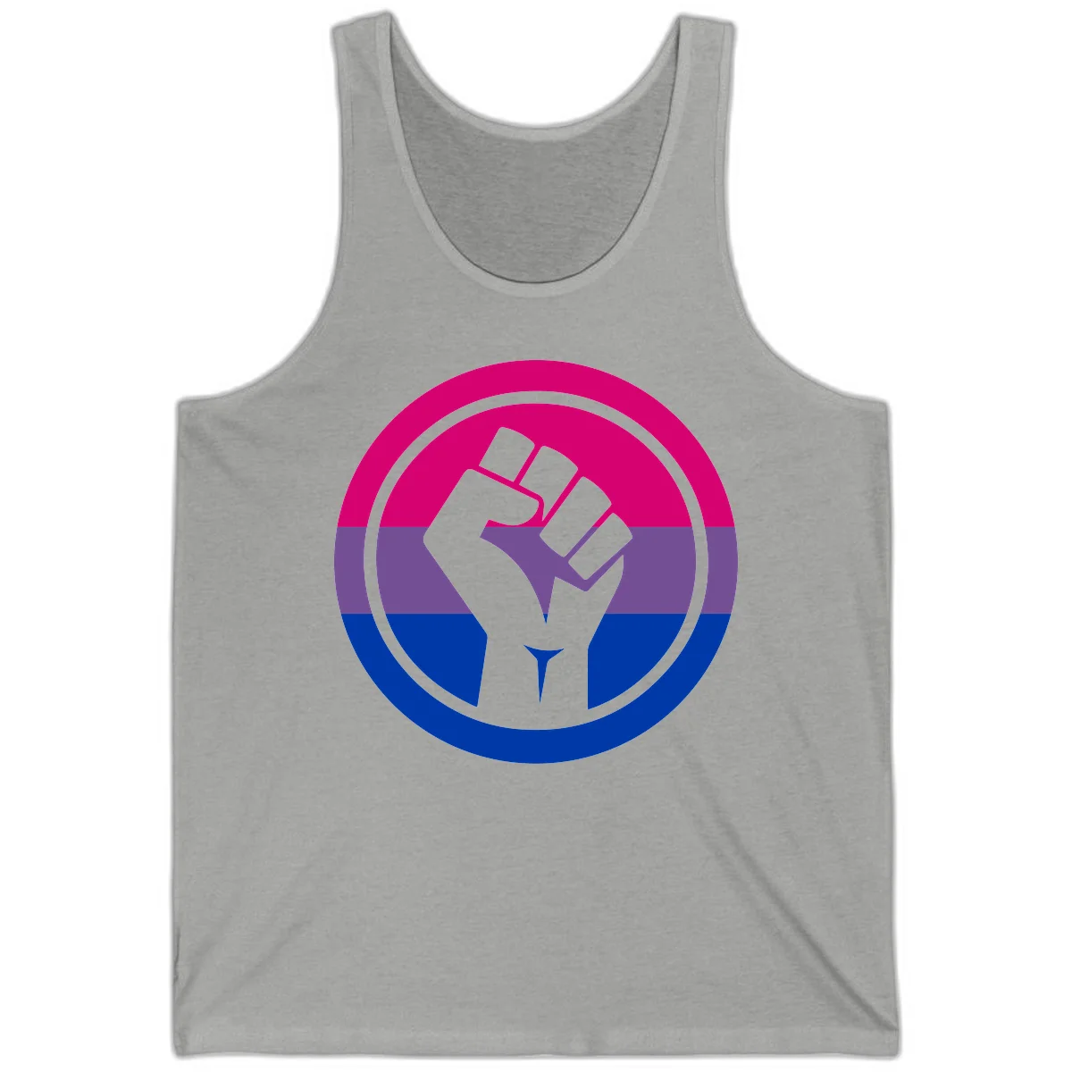 Raised fist silhouette in concentric circles with bisexual pride flag stripes in magenta, purple, and blue in Athletic Heather