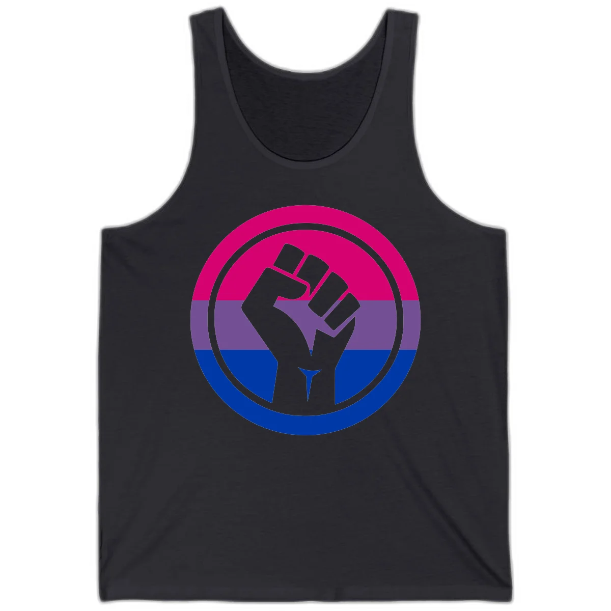 Raised fist silhouette in concentric circles with bisexual pride flag stripes in magenta, purple, and blue in Dark Grey